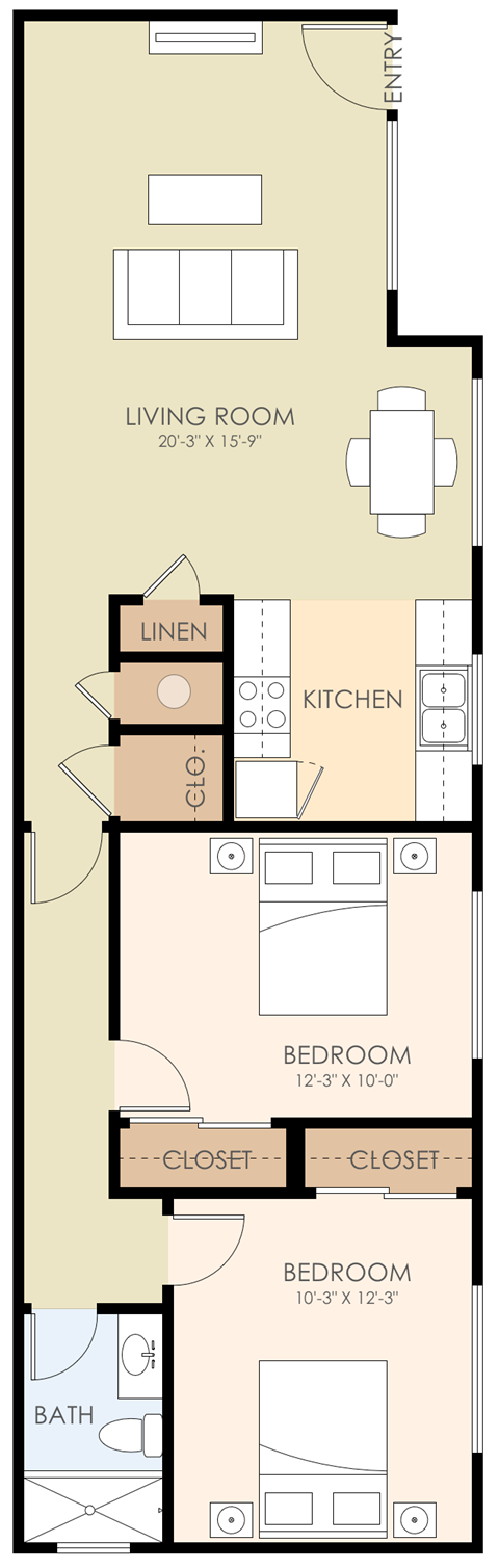 Floor plan for 2 beds, 1 bath, 1000 sqft